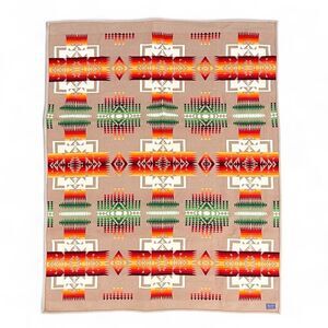 Vintage PENDLETON Beaver State Chief Joseph Wool Blanket Tan Green Throw 77x61